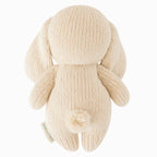 Back view of Cuddle+Kind baby bunny hand knit stuffed toy showing long floppy ears and knit texture