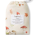 Snuggle Hunny Gnomes organic bassinet sheet in matching drawstring bag featuring sweet woodland gnome print
