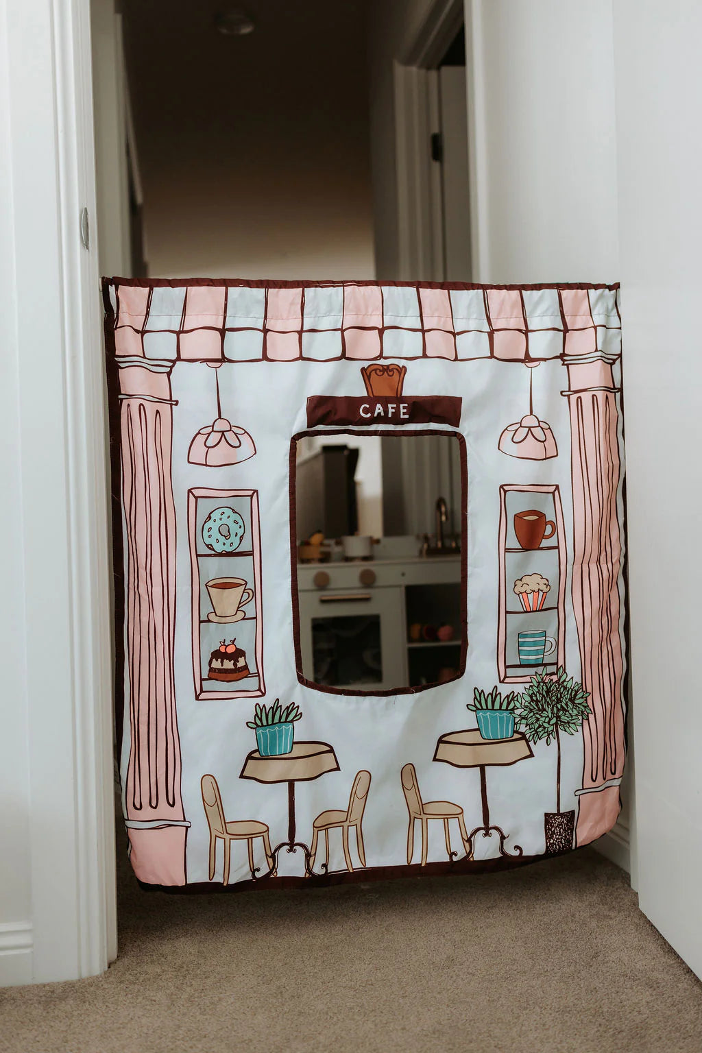 Kids café pretend play panel with reversible bakery design