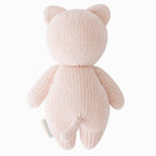 Back view of Cuddle+Kind baby kitten hand knit stuffed toy showing tail and textured knit fabric