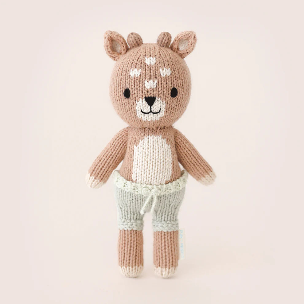 Hand-knit Tiny Elliott fawn with Tiny Home