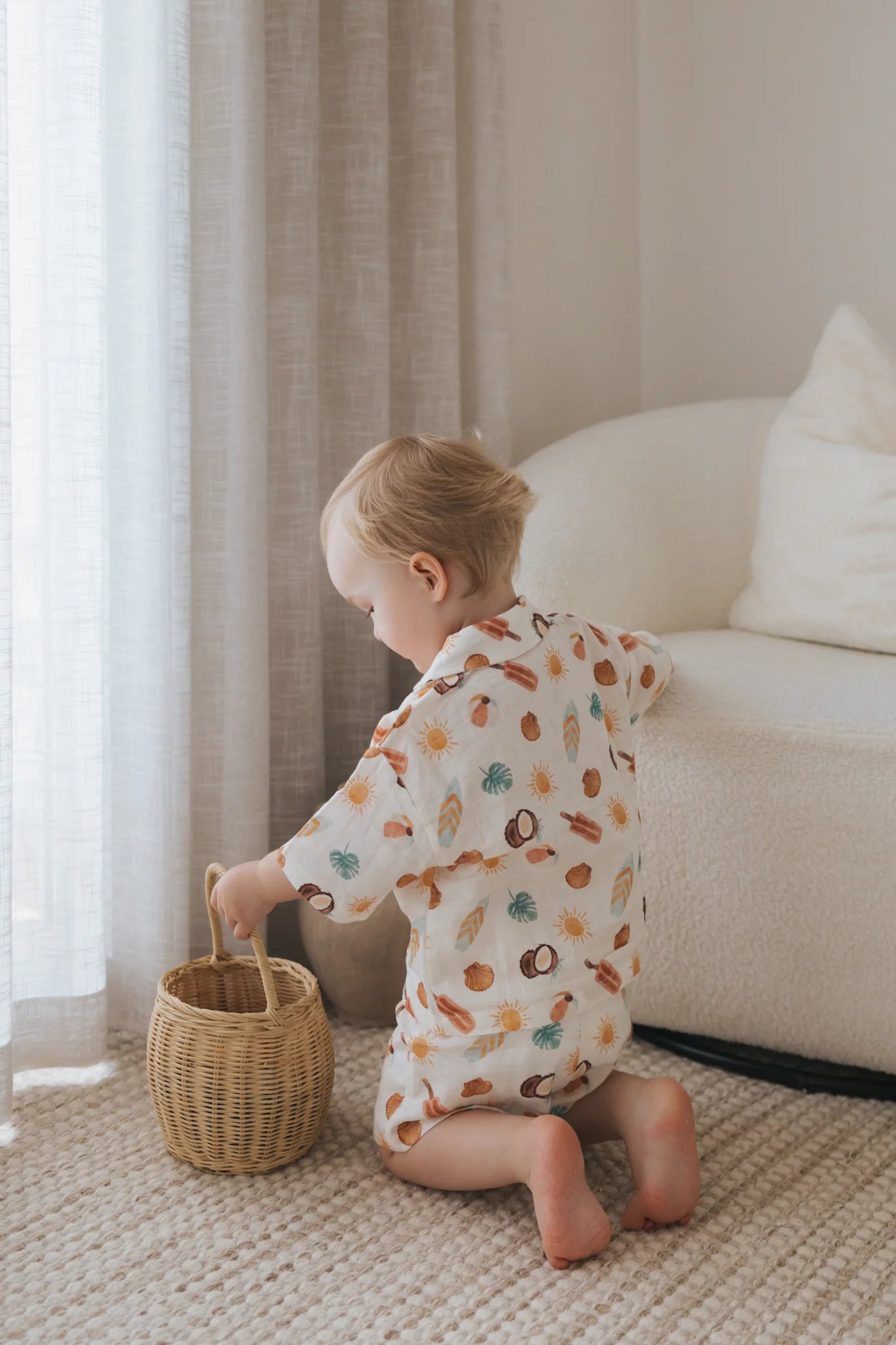 Kids matching cotton shirt and shorts set in Sunny Daze print by Blossom and Pear
