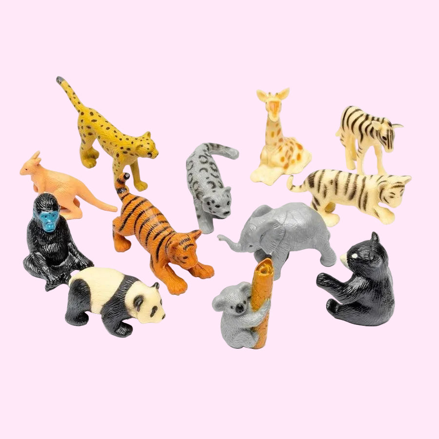 A set of small animal figurines including a cheetah, giraffe, zebra, kangaroo, tiger, leopard, elephant, panda, bear, koala, and gorilla, arranged on a plain white background.