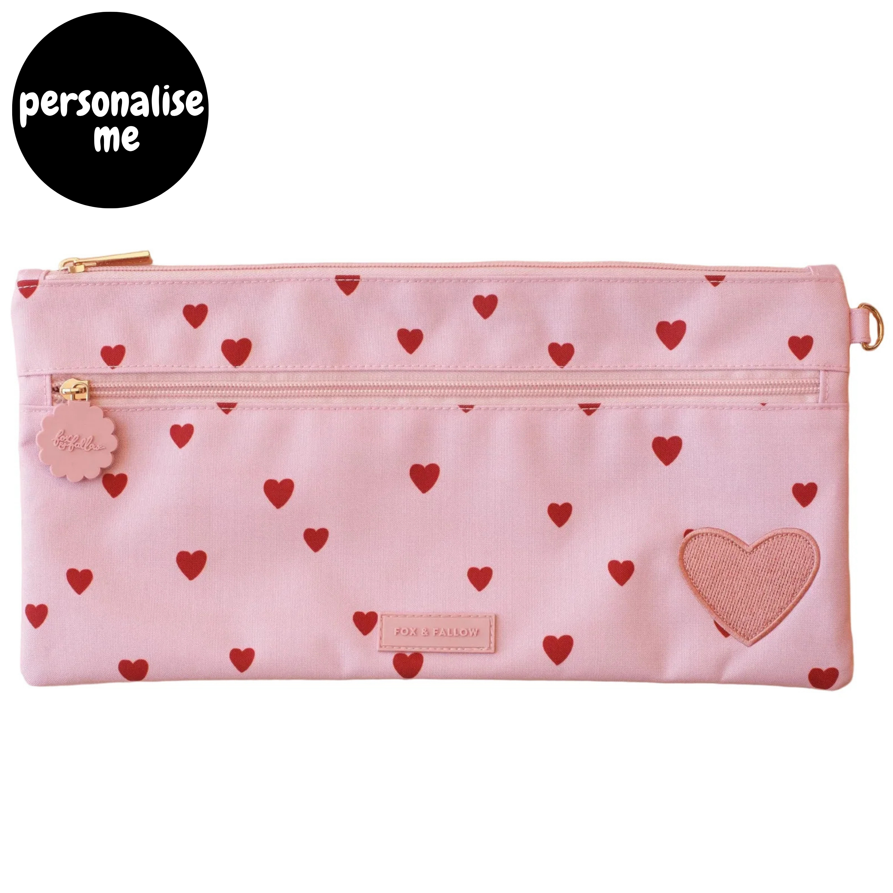 Fox & Fallow large pencil case. Spacious, durable and can be personalised with embroidery, perfect for school, highschool and everyday use. Can also get matching backpack and lunch bag. This print is little hearts