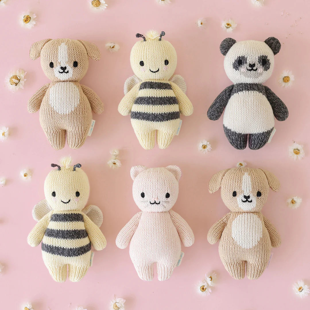Cuddle+Kind baby animal collection of hand knit plush toys including baby panda and friends (baby puppy, baby bee and baby kitten (blush)