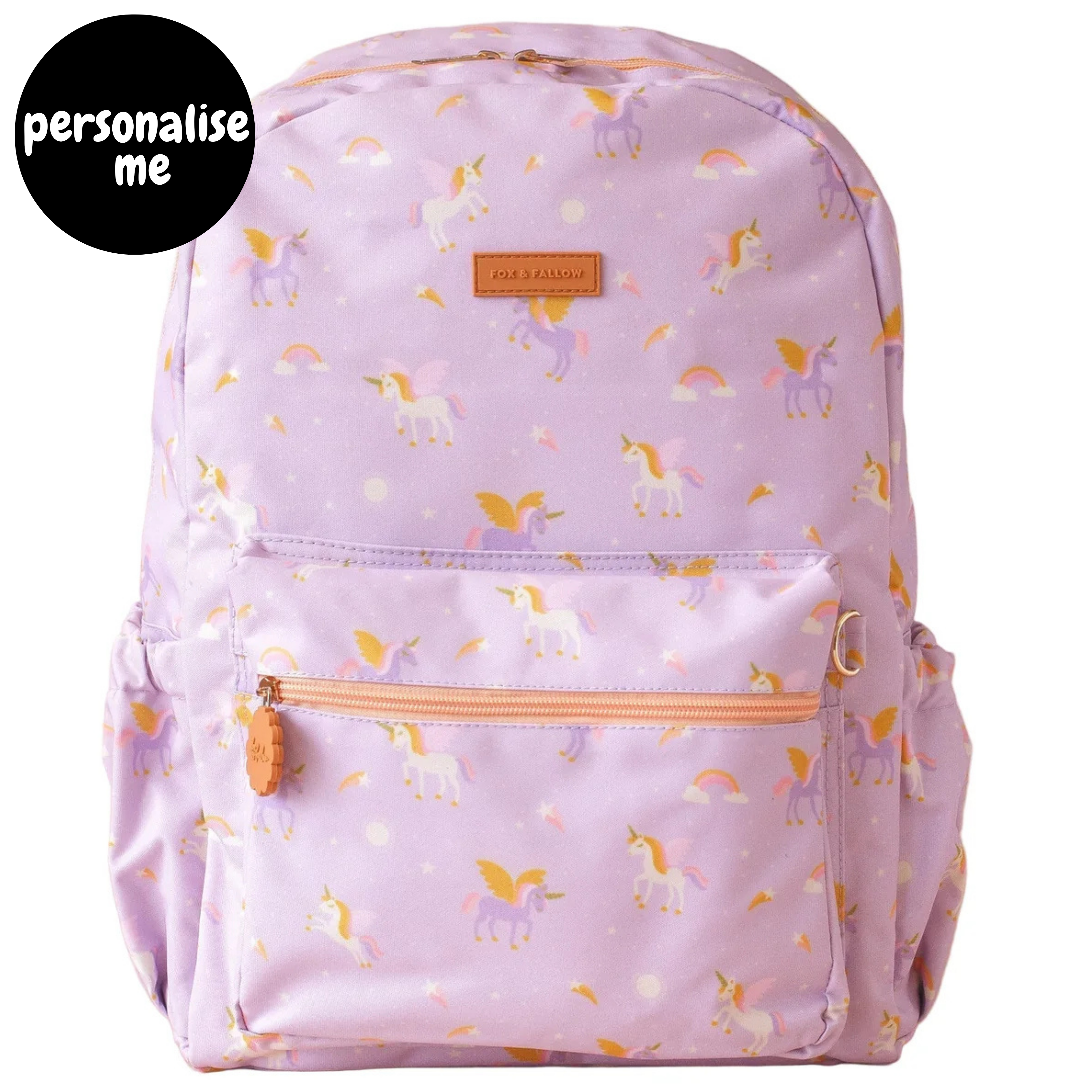 Fox & Fallow backpack for kids, perfect for school, daycare and everyday use. Spacious, practical and designed for little adventures. Personalisation of embroidery with name also available on bags in 2 placements. This print is unicorns