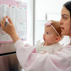 ticking off By the brand solid steps, these are baby first foods and allergens A3 fridge magnet for staring solids and ticking off first foods tracker. is a whiteboard material and comes with whiteboard marker. The colour is pink