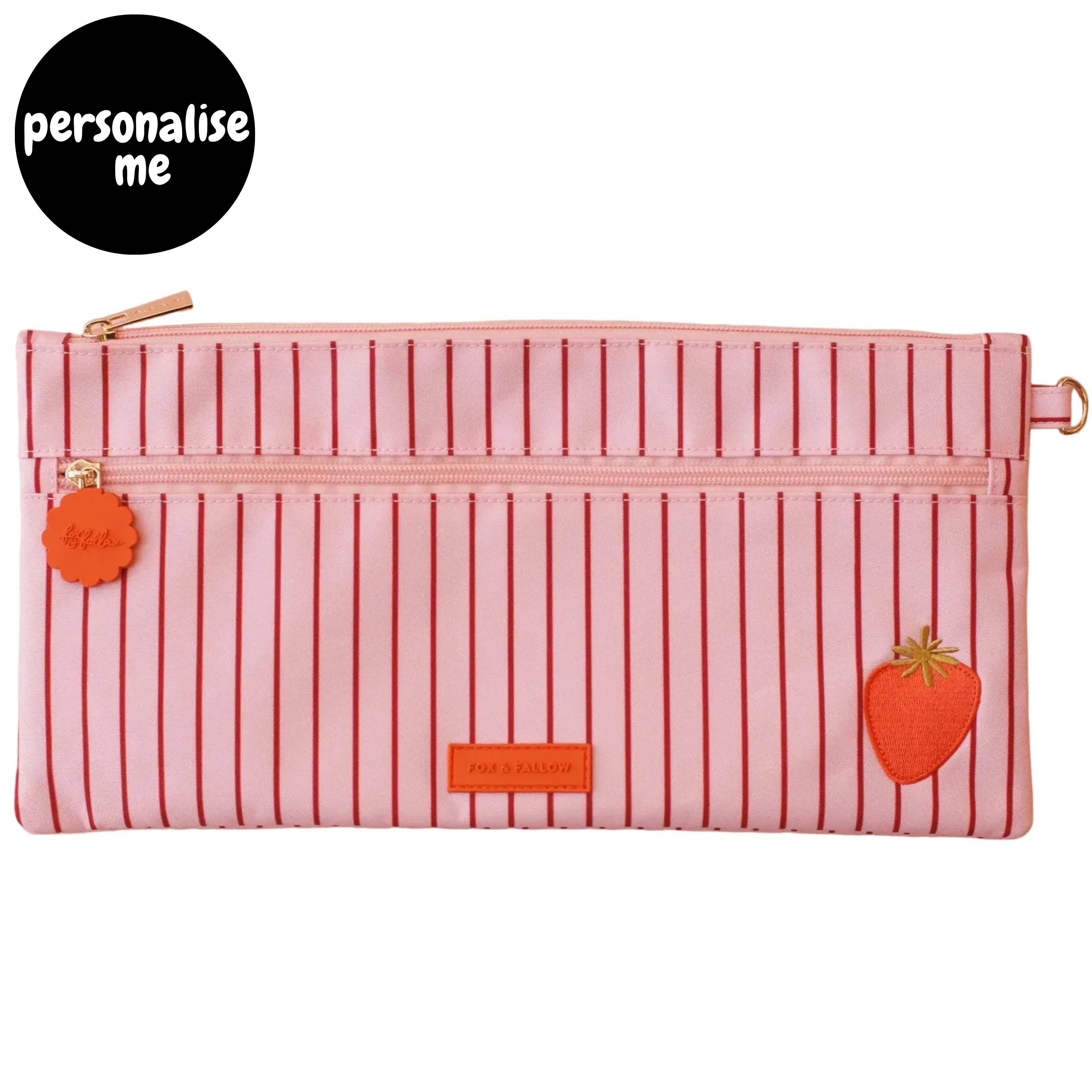 Fox & Fallow large pencil case. Spacious, durable and can be personalised with embroidery, perfect for school, highschool and everyday use. Can also get matching backpack and lunch bag. This print is strawberry stripe