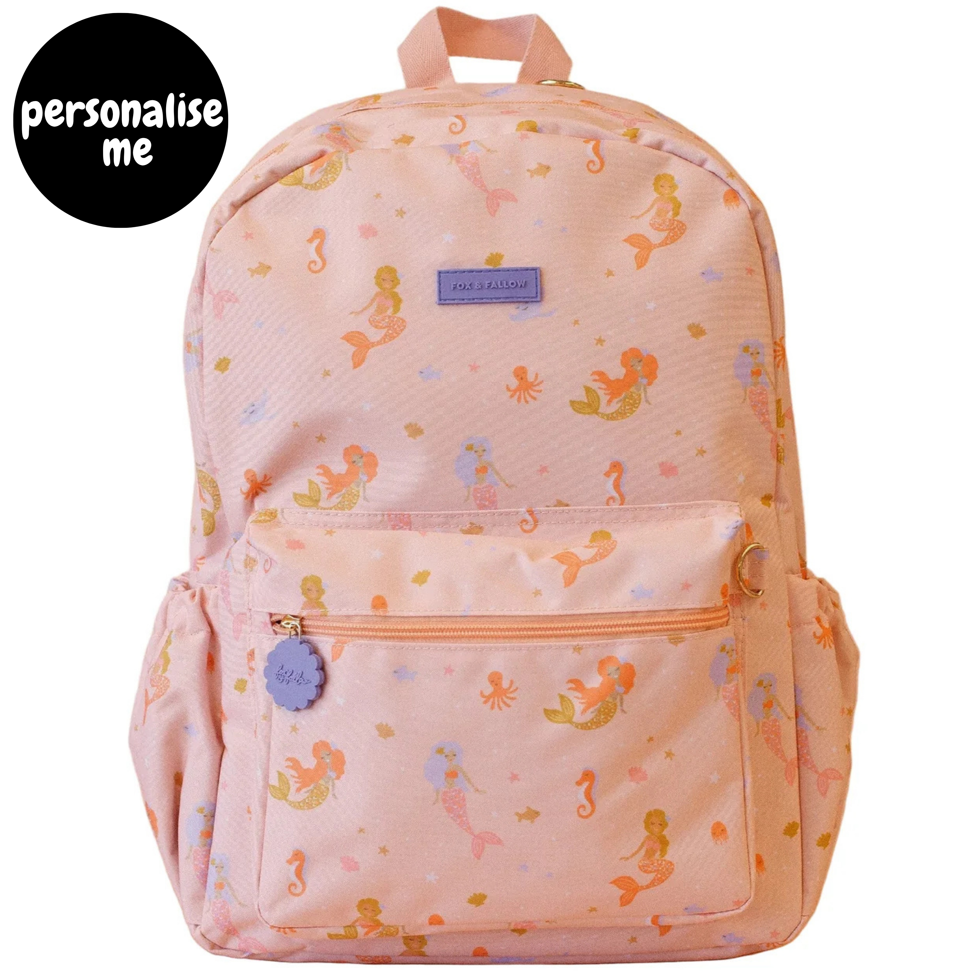Fox & Fallow backpack for kids, perfect for school, daycare and everyday use. Spacious, practical and designed for little adventures. Personalisation of embroidery with name also available on bags in 2 placements. This print is mermaids