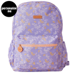 Fox & Fallow backpack for kids, perfect for school, daycare and everyday use. Spacious, practical and designed for little adventures. Personalisation of embroidery with name also available on bags in 2 placements. This print is juniper - lilac purple with leaves
