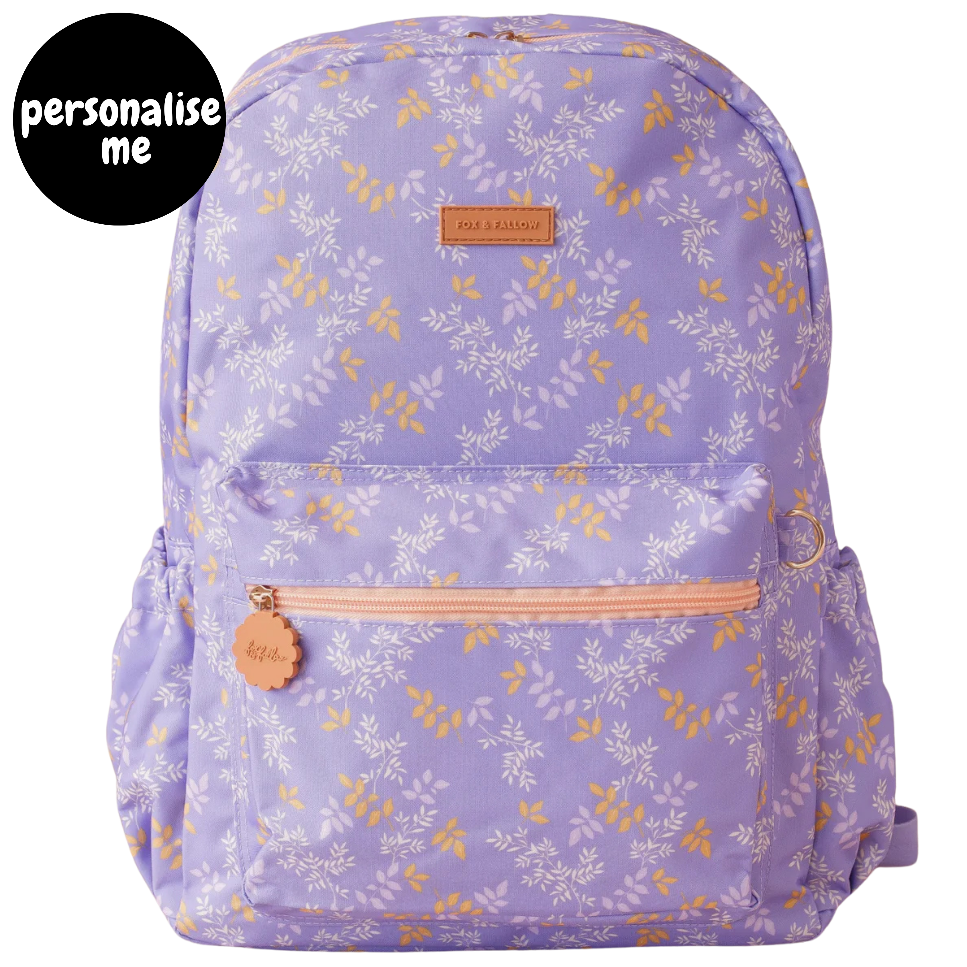 Fox & Fallow backpack for kids, perfect for school, daycare and everyday use. Spacious, practical and designed for little adventures. Personalisation of embroidery with name also available on bags in 2 placements. This print is juniper - lilac purple with leaves
