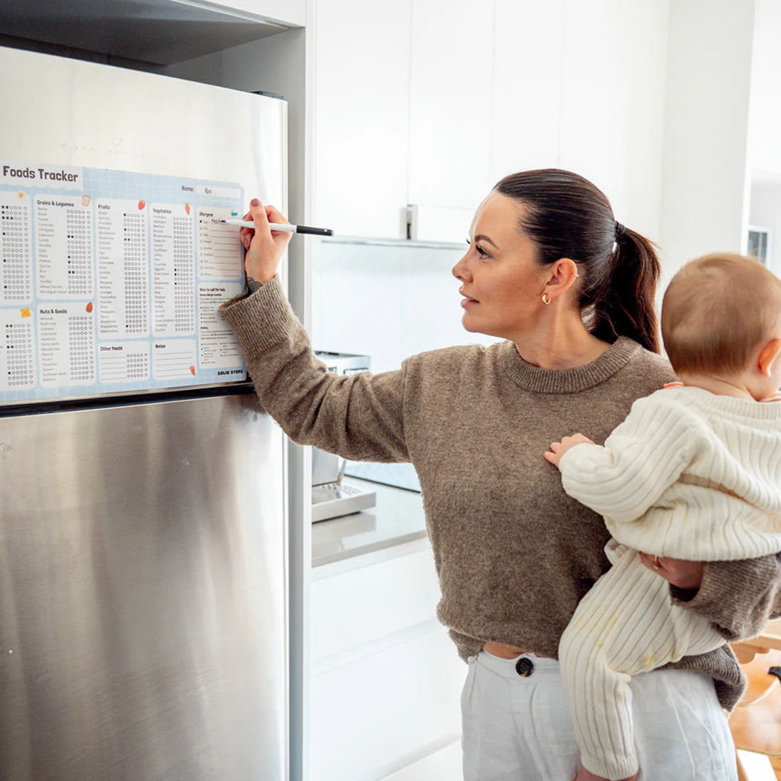 how to use By the brand solid steps, these are baby first foods and allergens A3 fridge magnet for staring solids and ticking off first foods tracker. is a whiteboard material and comes with whiteboard marker. The colour is blue