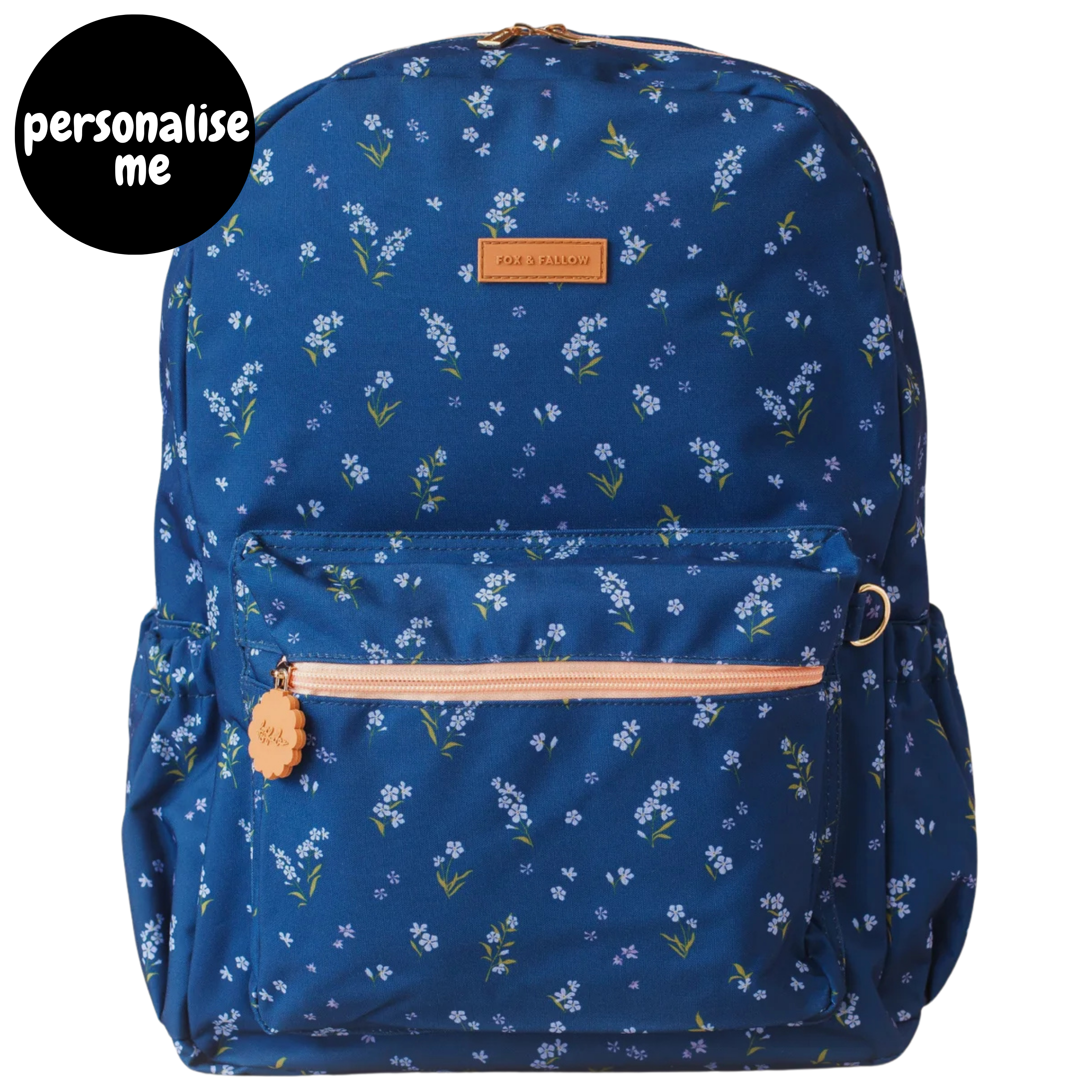 Fox & Fallow backpack for kids, perfect for school, daycare and everyday use. Spacious, practical and designed for little adventures. Personalisation of embroidery with name also available on bags in 2 placements. This print is forget me not
