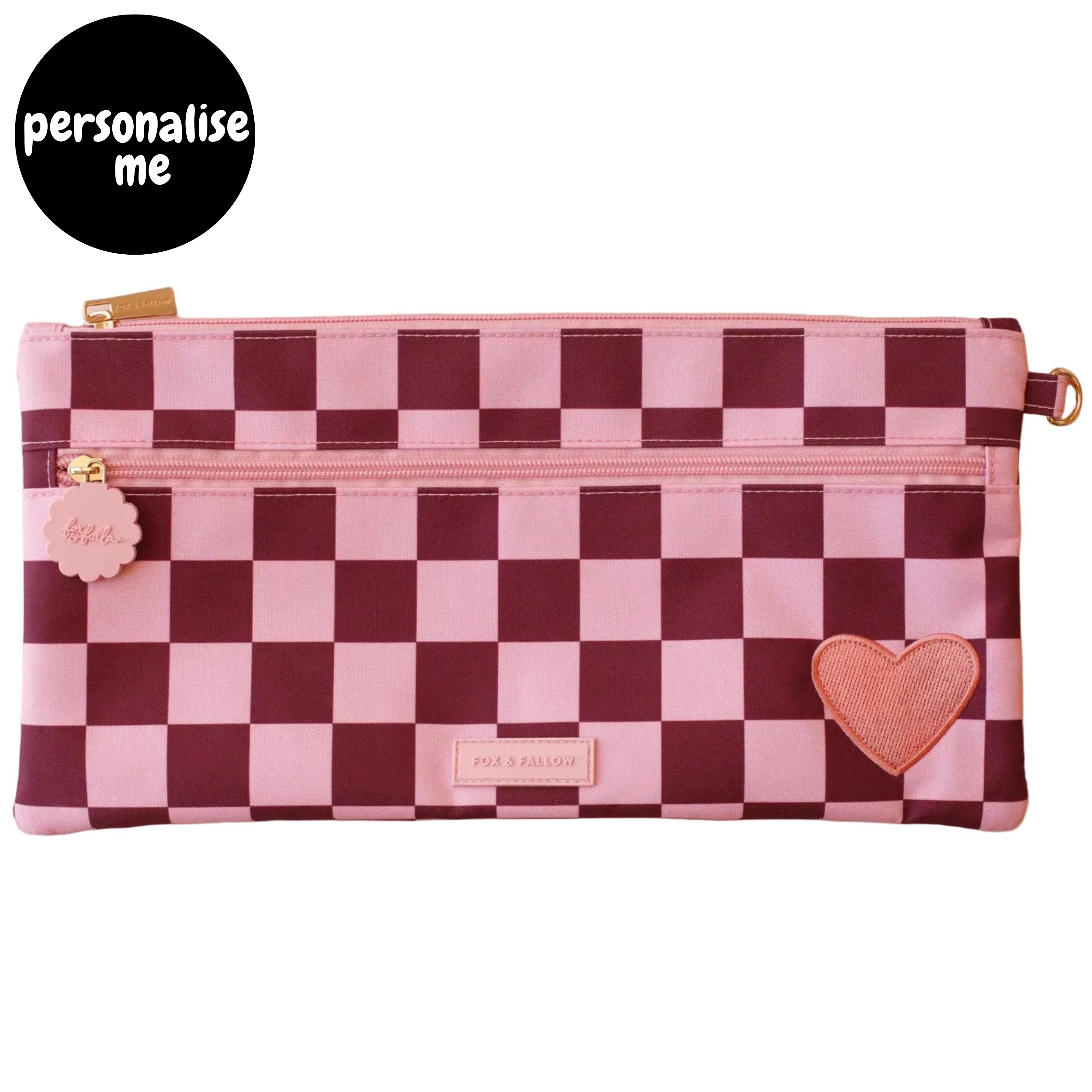 Fox & Fallow large pencil case. Spacious, durable and can be personalised with embroidery, perfect for school, highschool and everyday use. Can also get matching backpack and lunch bag. This print is cherry check