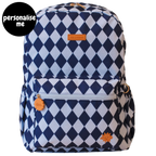 Fox & Fallow backpack for kids, perfect for school, daycare and everyday use. Spacious, practical and designed for little adventures. Personalisation of embroidery with name also available on bags in 2 placements. This print is blue diamonds
