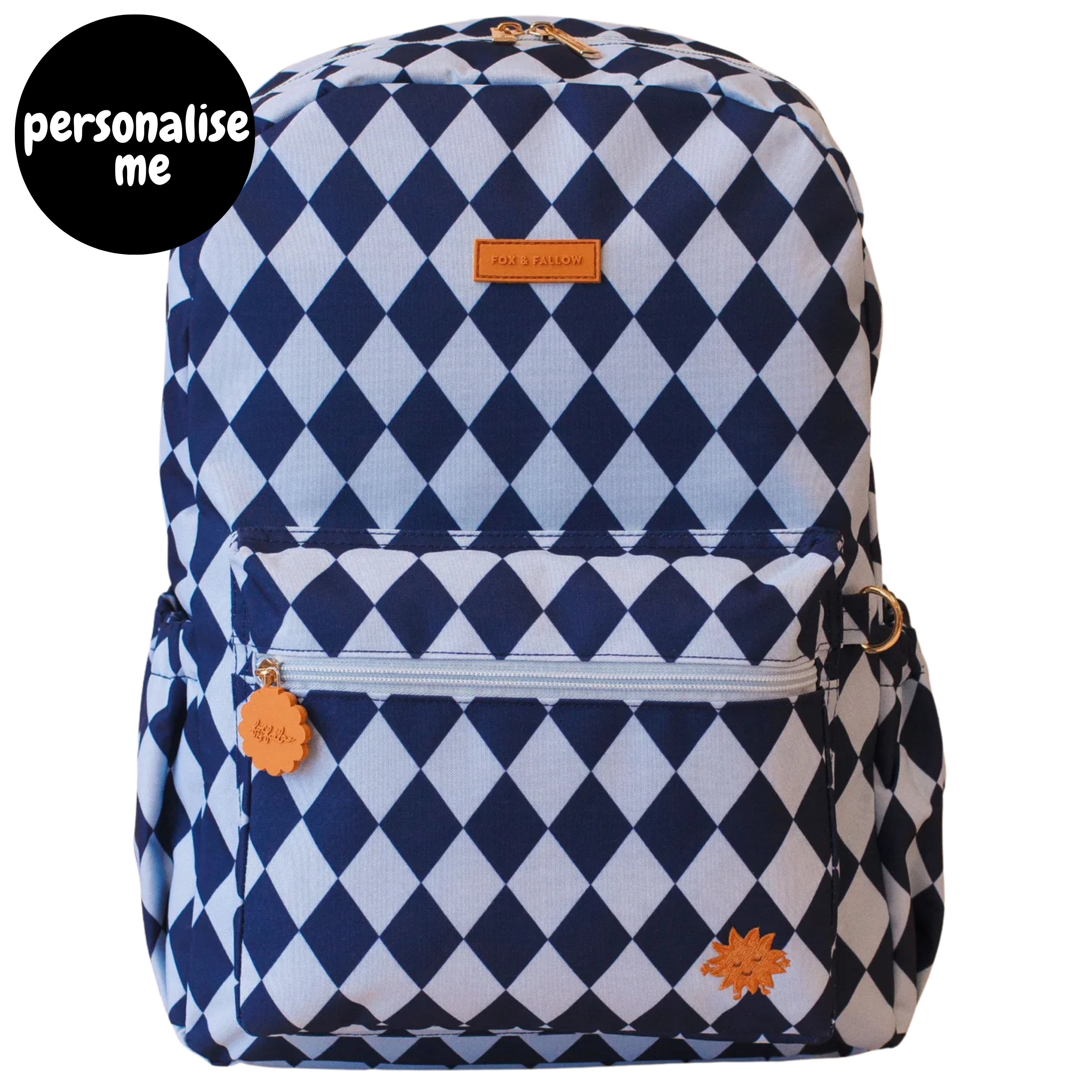 Fox & Fallow backpack for kids, perfect for school, daycare and everyday use. Spacious, practical and designed for little adventures. Personalisation of embroidery with name also available on bags in 2 placements. This print is blue diamonds
