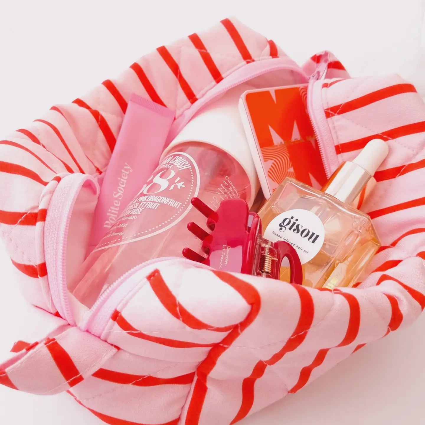 Quilted Makeup Bag | Pink/Red Stripe