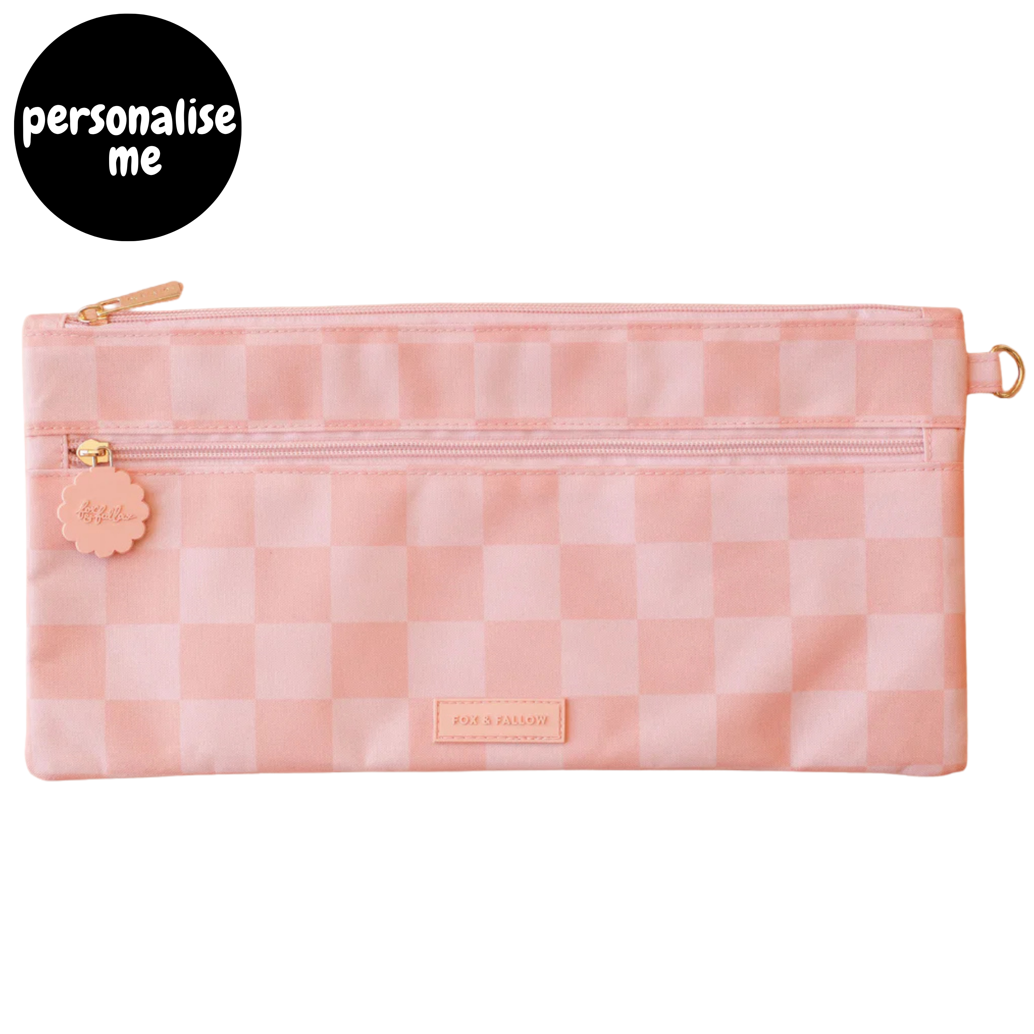Fox & Fallow large pencil case. Spacious, durable and can be personalised with embroidery, perfect for school, highschool and everyday use. Can also get matching backpack and lunch bag. This print is peach check
