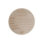 'Hello World' + Birth Details Etched Wooden Plaque | Leaf