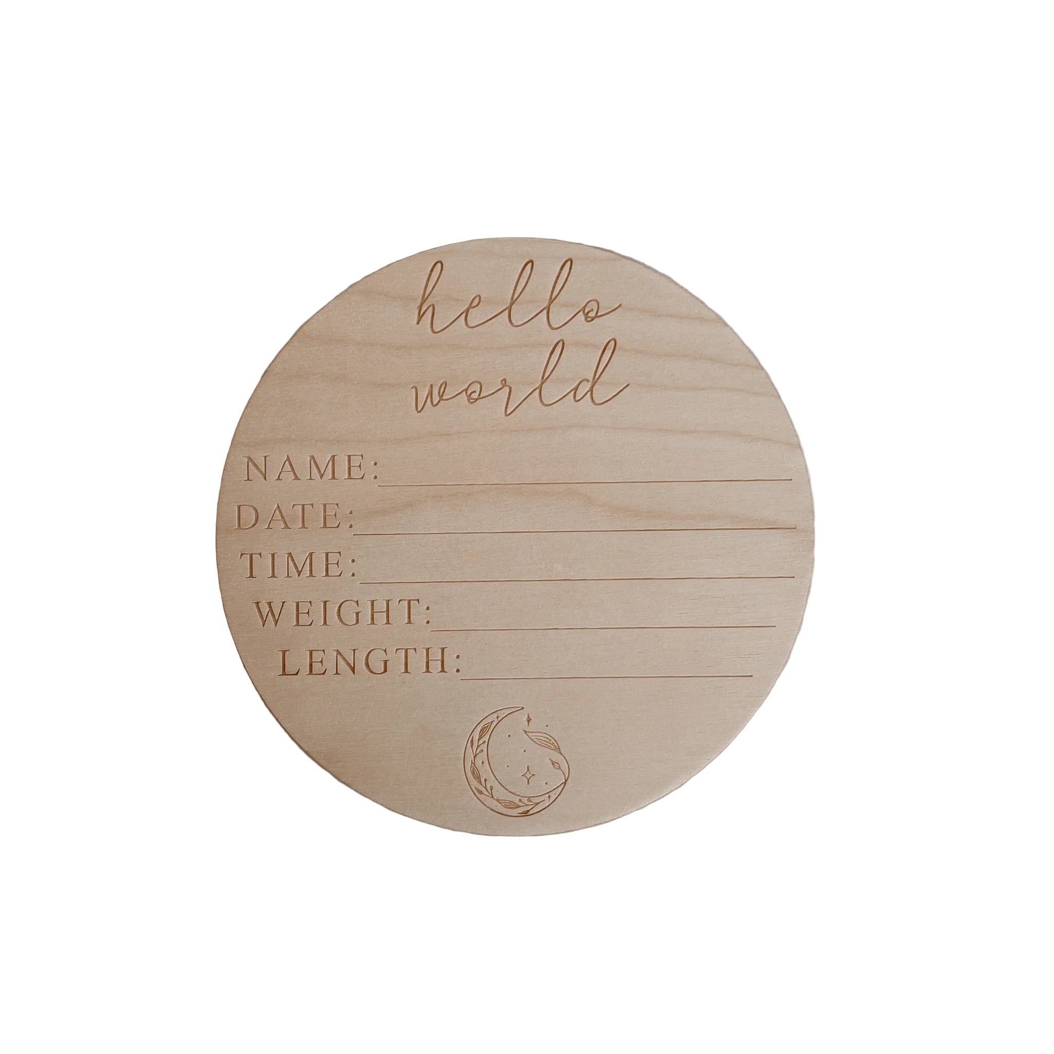 'Hello World' + Birth Details Etched Wooden Plaque | Moon