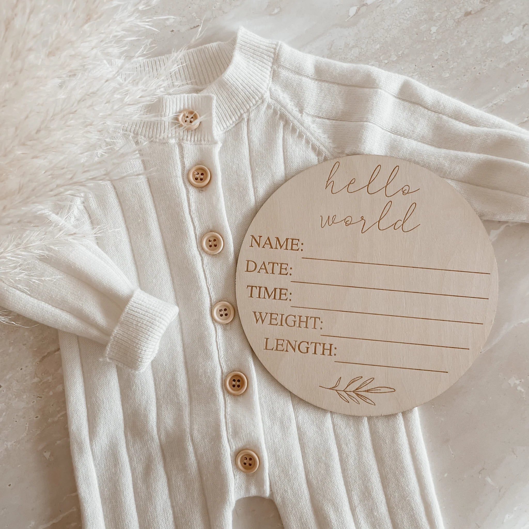 'Hello World' + Birth Details Etched Wooden Plaque | Leaf