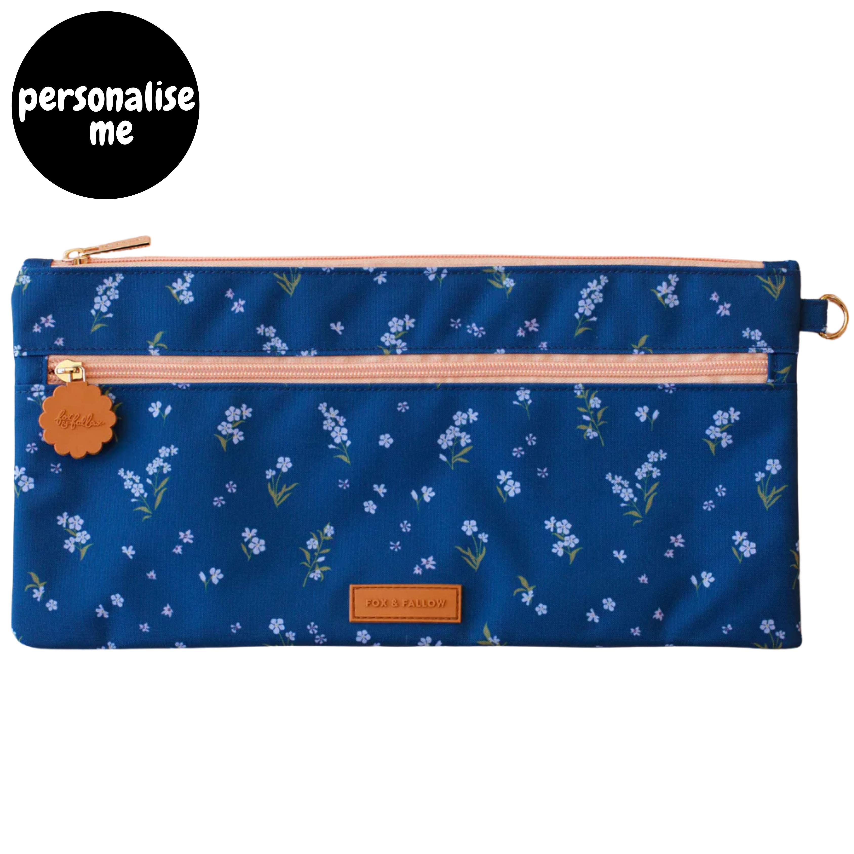 Fox & Fallow large pencil case. Spacious, durable and can be personalised with embroidery, perfect for school, highschool and everyday use. Can also get matching backpack and lunch bag. This print is forget me not
