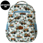 Mini & Mum kids backpack with insulated interior for daycare and outings. can be personalised with childs name. this print is digger dreaming. blue or sage checkers with digger construction trucks vehicles over it