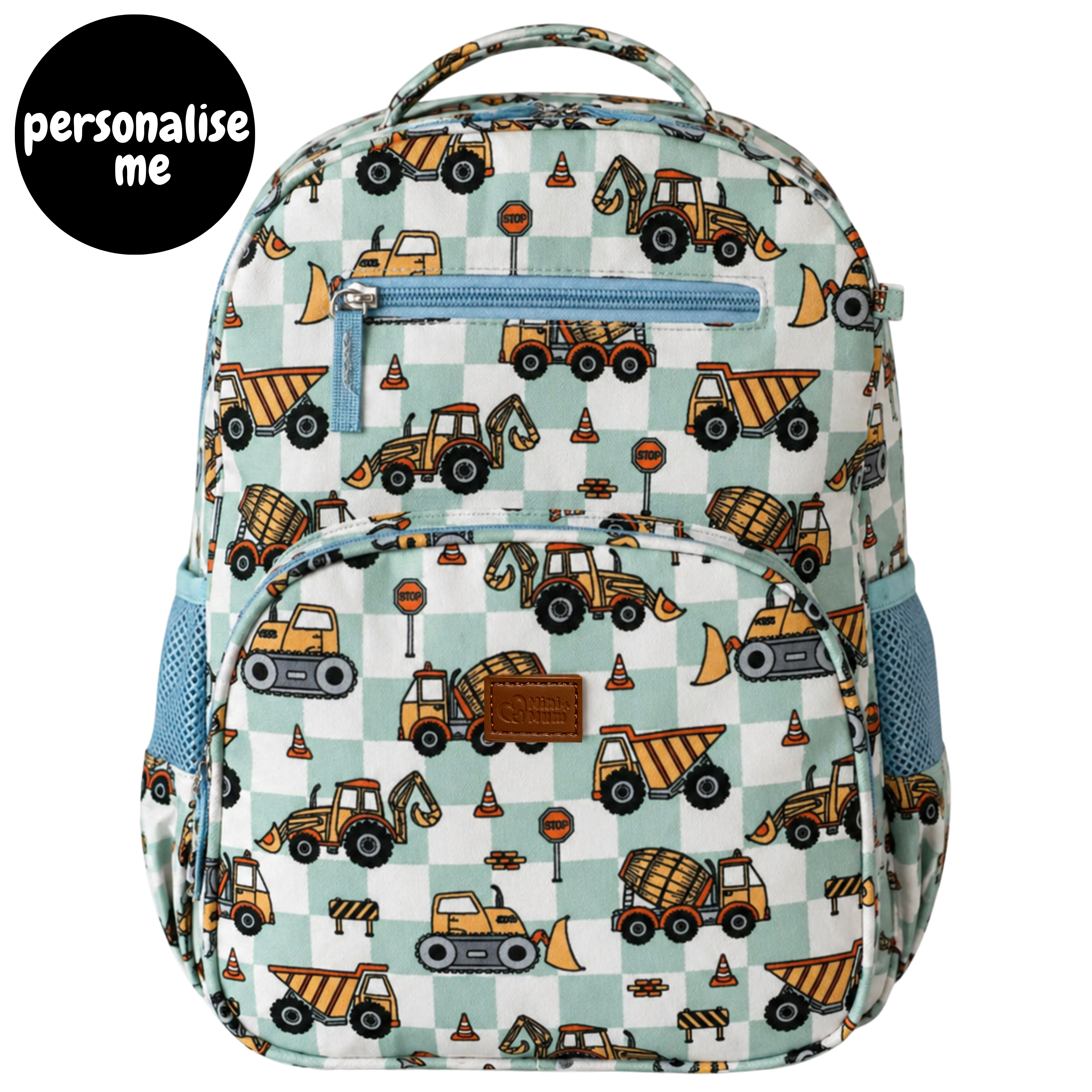 Mini & Mum kids backpack with insulated interior for daycare and outings. can be personalised with childs name. this print is digger dreaming. blue or sage checkers with digger construction trucks vehicles over it