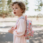 side view of child wearing toddler backpacks, perfect for on the go and have matching accessories. can also be personalised with childs name. this print is paloma