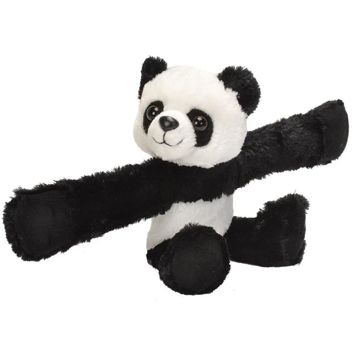 Black and white panda plush with wrap around snap band arms
