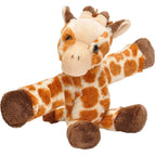 Spotted giraffe plush toy with wrap around snap band arms
