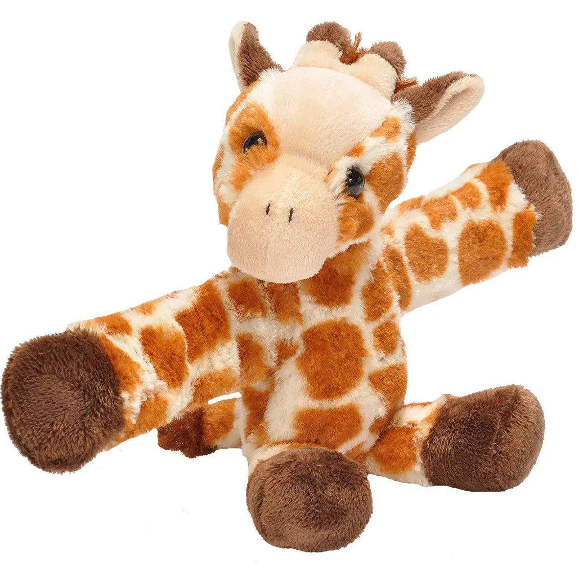 Spotted giraffe plush toy with wrap around snap band arms
