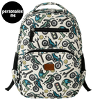 Mini & Mum kids backpack with insulated interior for daycare and outings. can be personalised with childs name. this print is motorbike mania with motorbikes and wrenches, helmets, lighting bolts and smiley faces