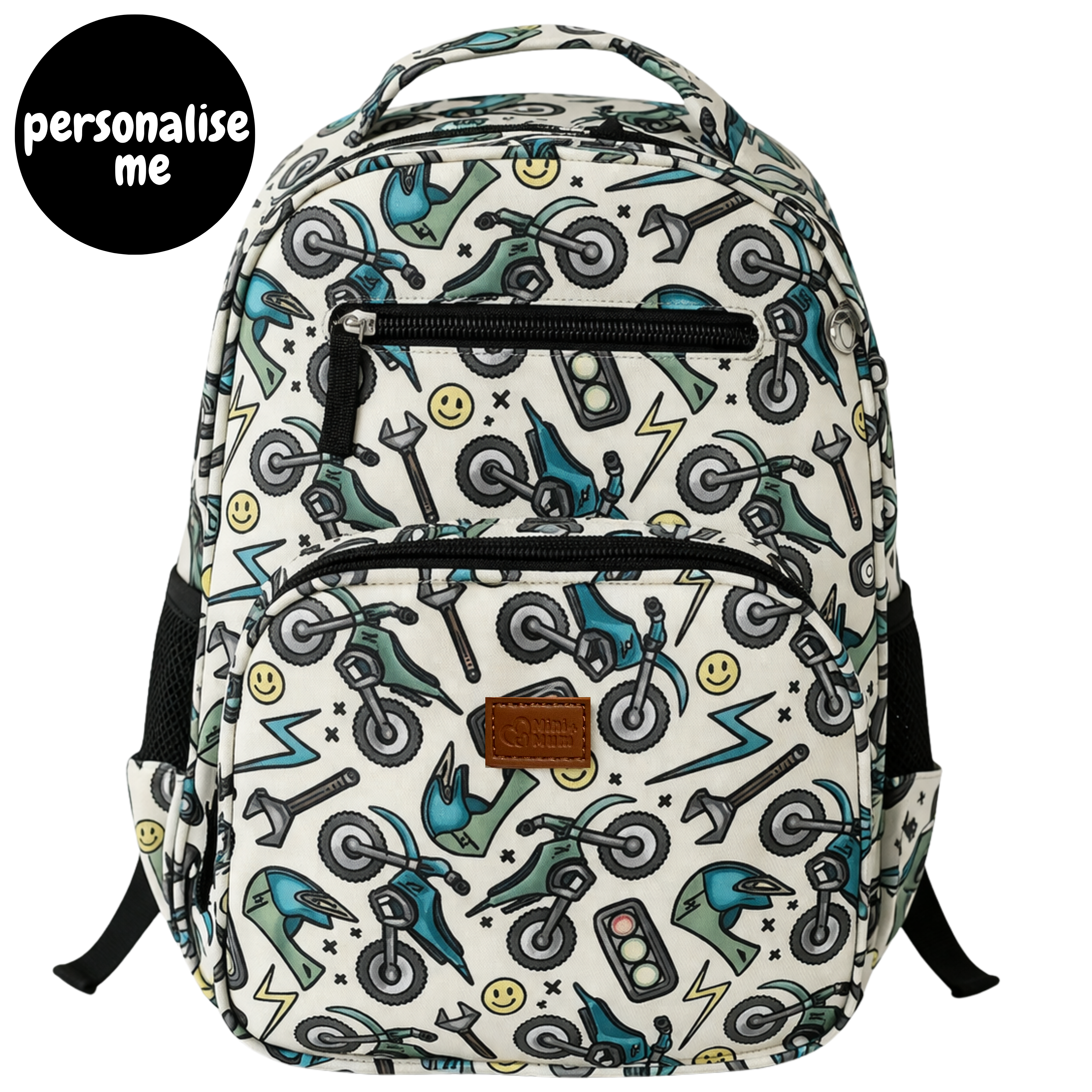 Mini & Mum kids backpack with insulated interior for daycare and outings. can be personalised with childs name. this print is motorbike mania with motorbikes and wrenches, helmets, lighting bolts and smiley faces