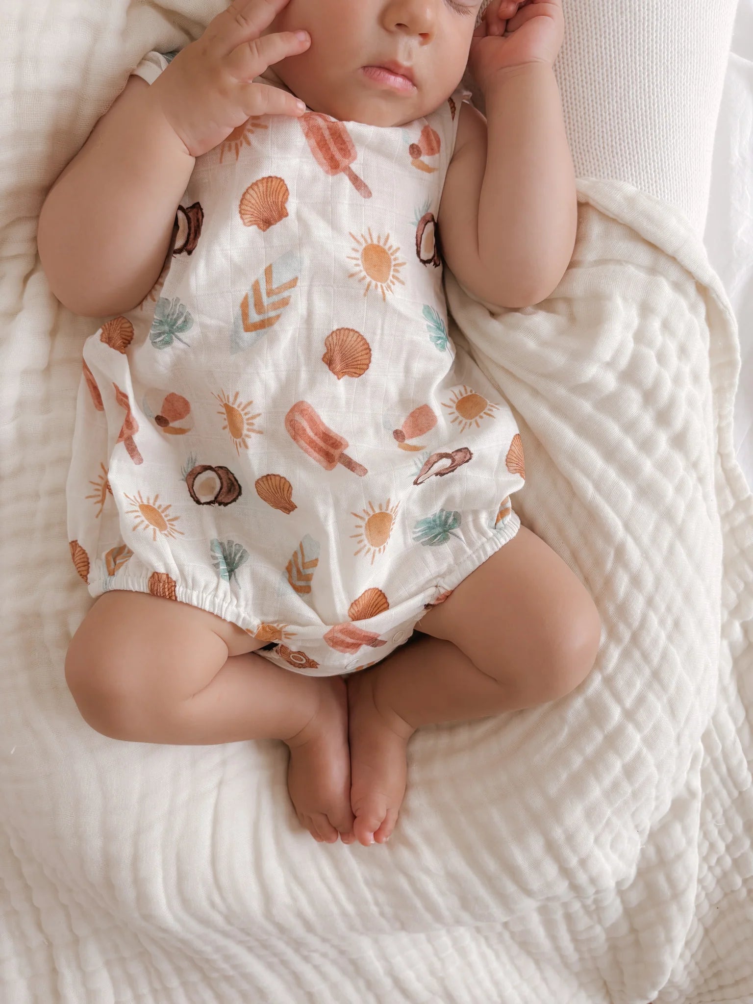 Blossom and Pear cotton baby romper with coconut inspired summer print