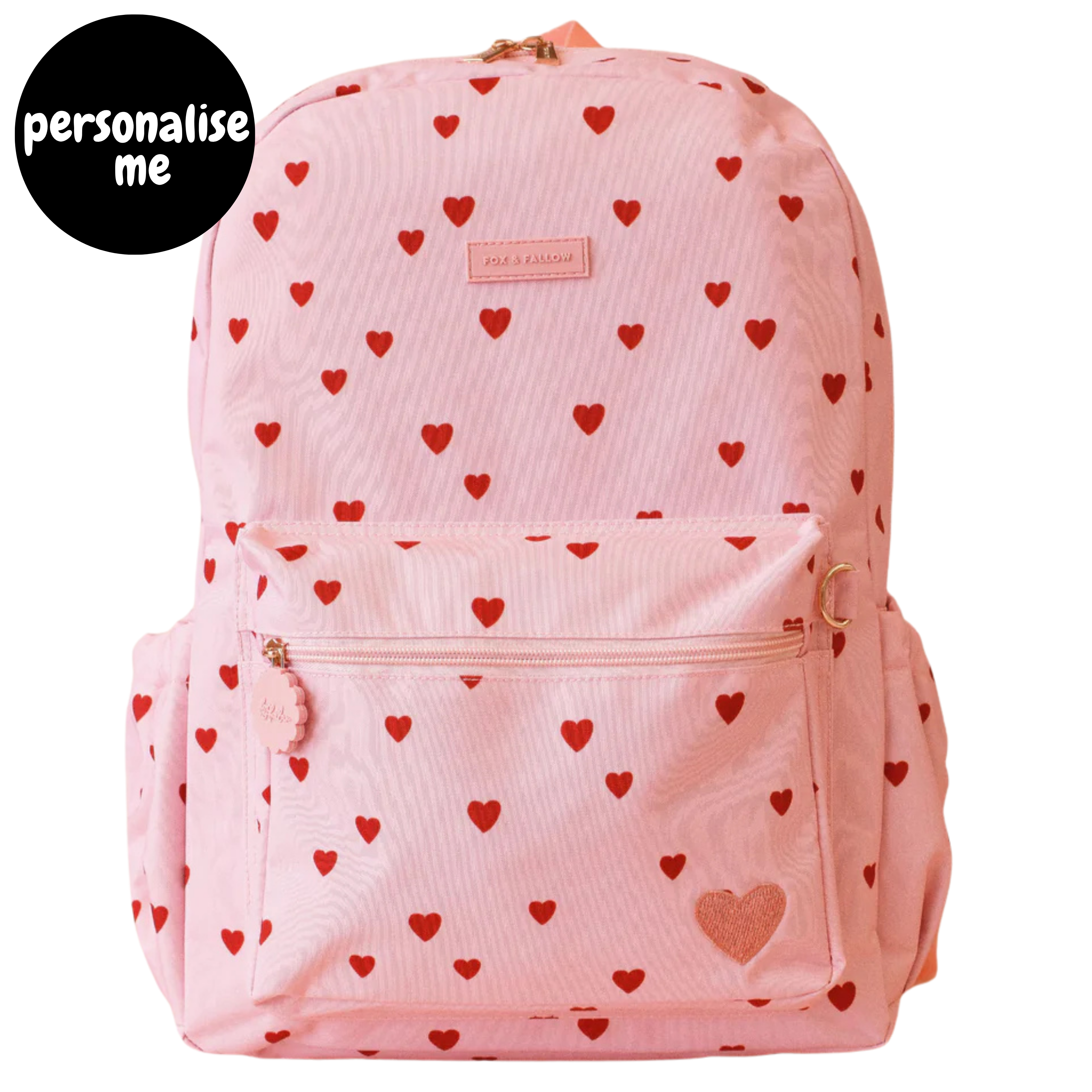 Fox & Fallow backpack for kids, perfect for school, daycare and everyday use. Spacious, practical and designed for little adventures. Personalisation of embroidery with name also available on bags in 2 placements. This print is little hearts