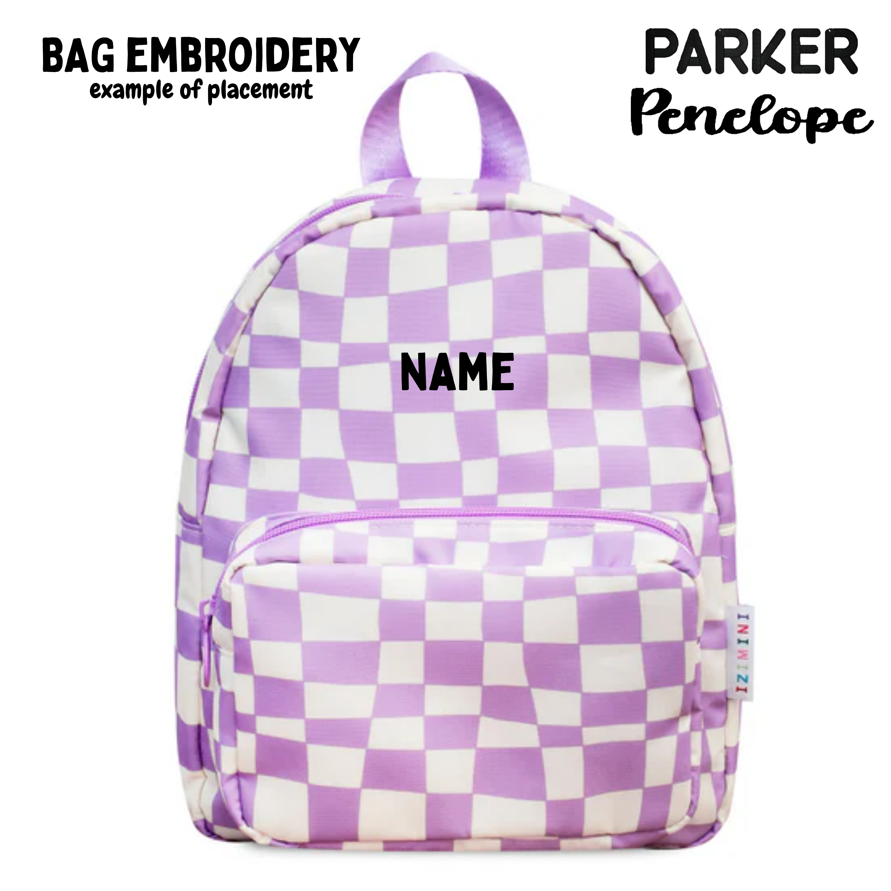 example of embroidery placement for toddler backpacks, perfect for on the go and have matching accessories. can also be personalised with childs name. 