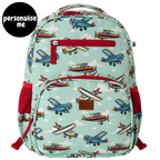 Mini & Mum kids backpack with insulated interior for daycare and outings. can be personalised with childs name. this print is aviator wonders - blue sky with clouds and planes