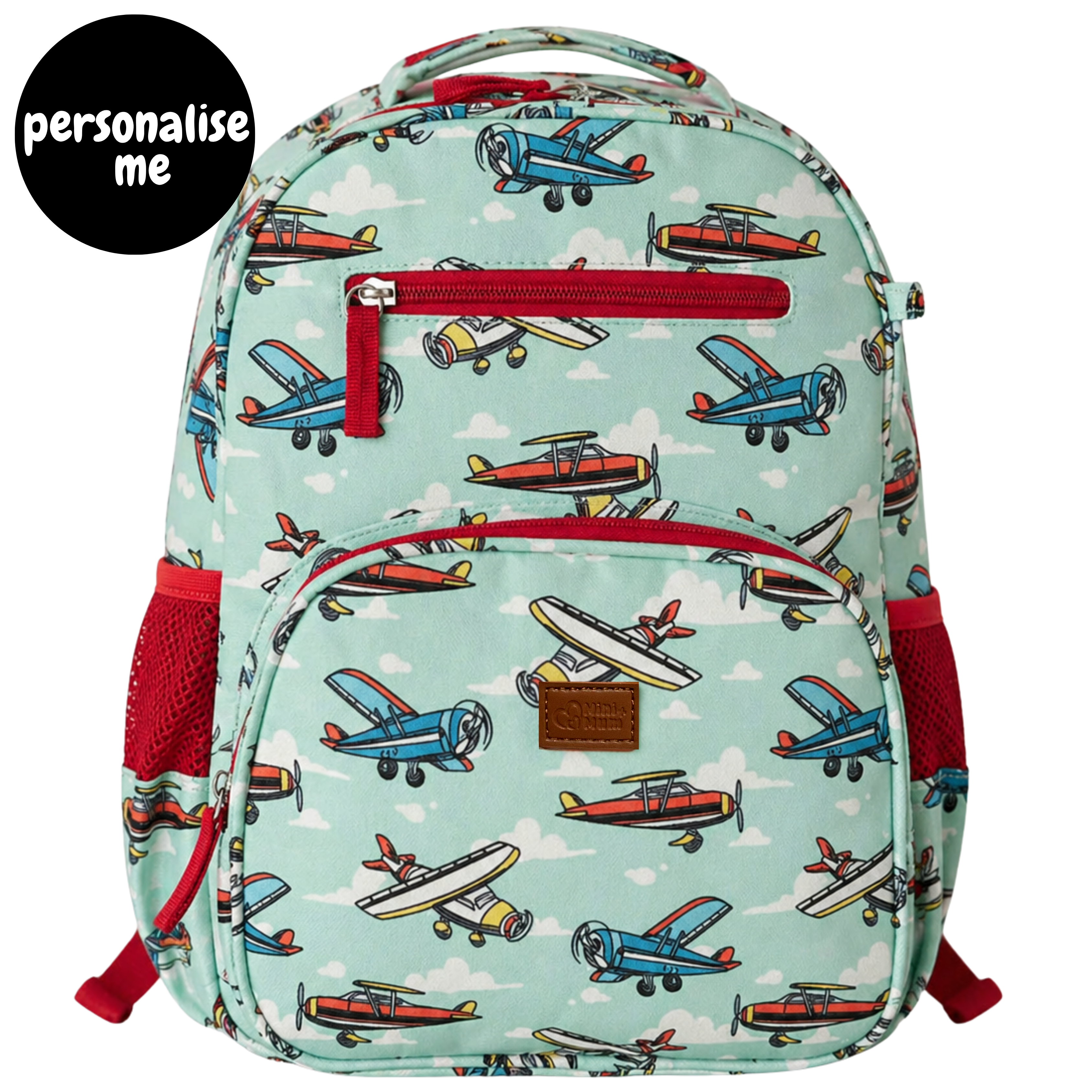 Mini & Mum kids backpack with insulated interior for daycare and outings. can be personalised with childs name. this print is aviator wonders - blue sky with clouds and planes