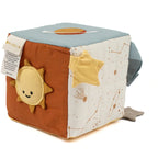 Organic cotton baby activity cube with sun, stars and space-inspired design