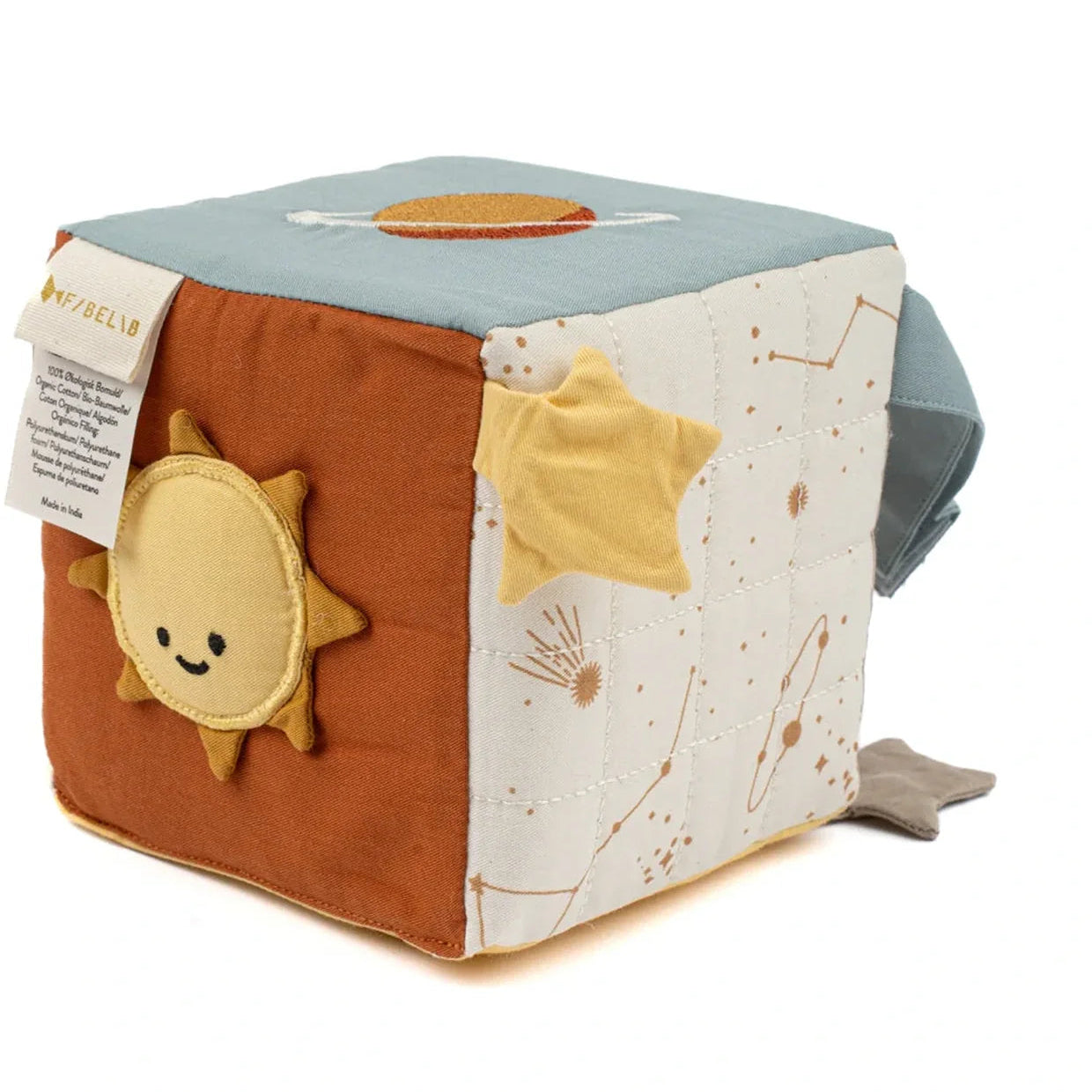 Organic cotton baby activity cube with sun, stars and space-inspired design