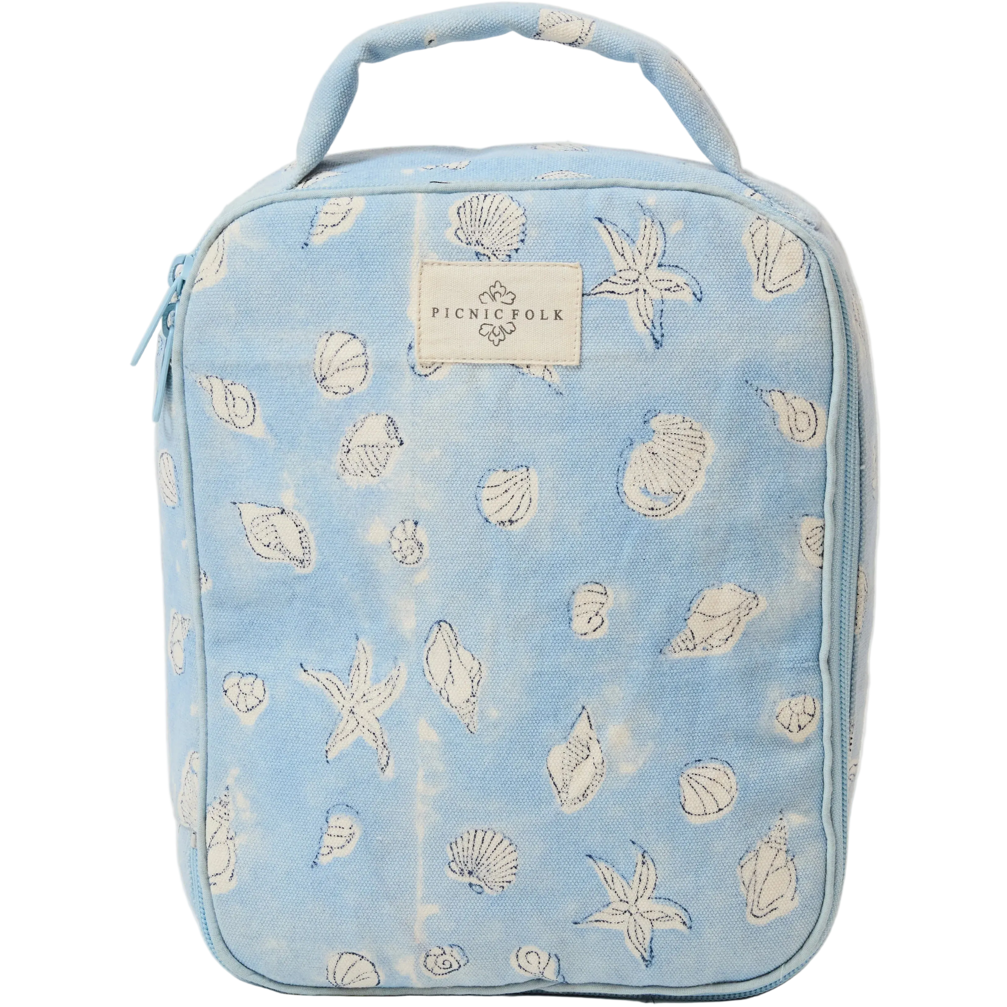 ocean print lunch bag with blue fabric and shell pattern
