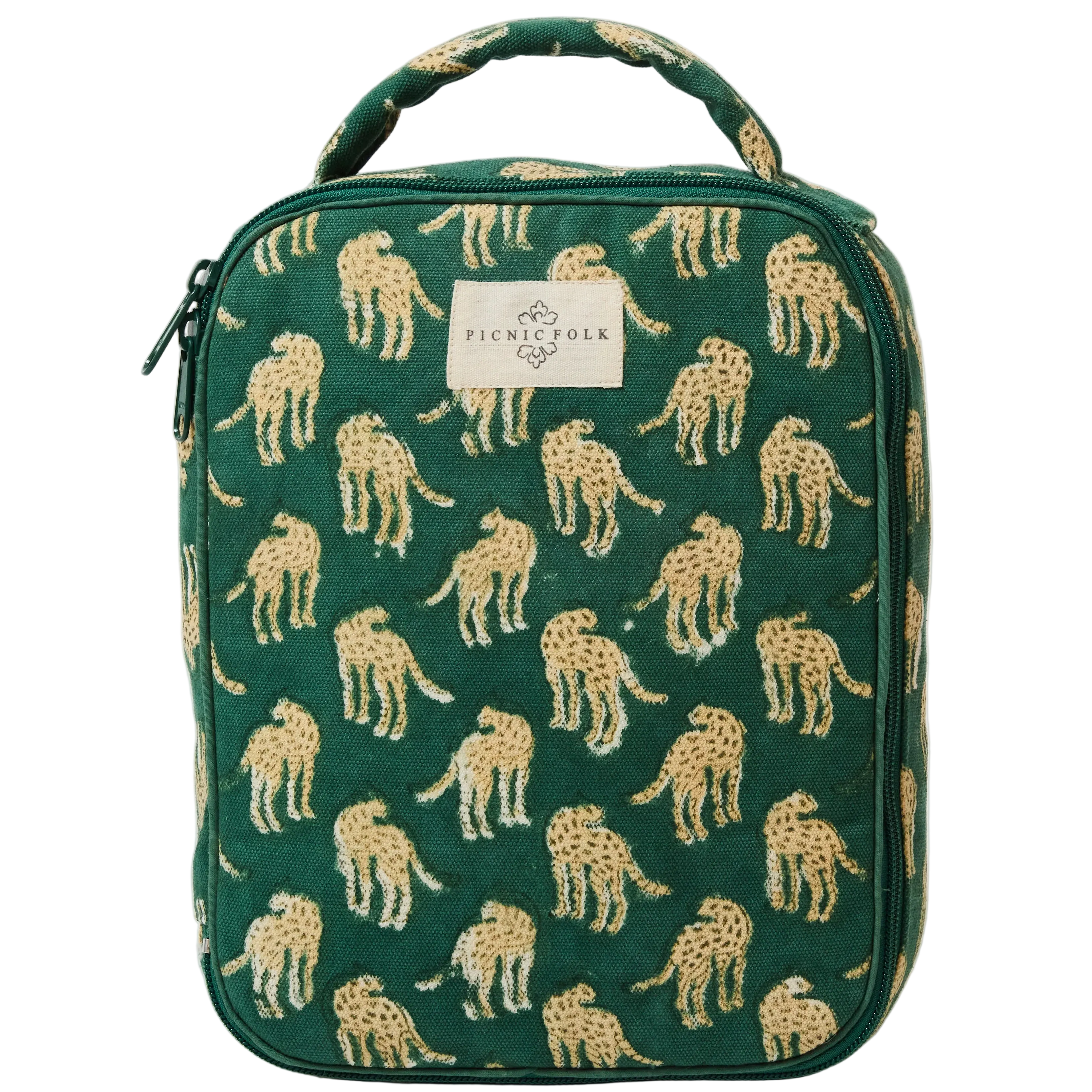 green lunch bag with cheetah pattern and carry handle