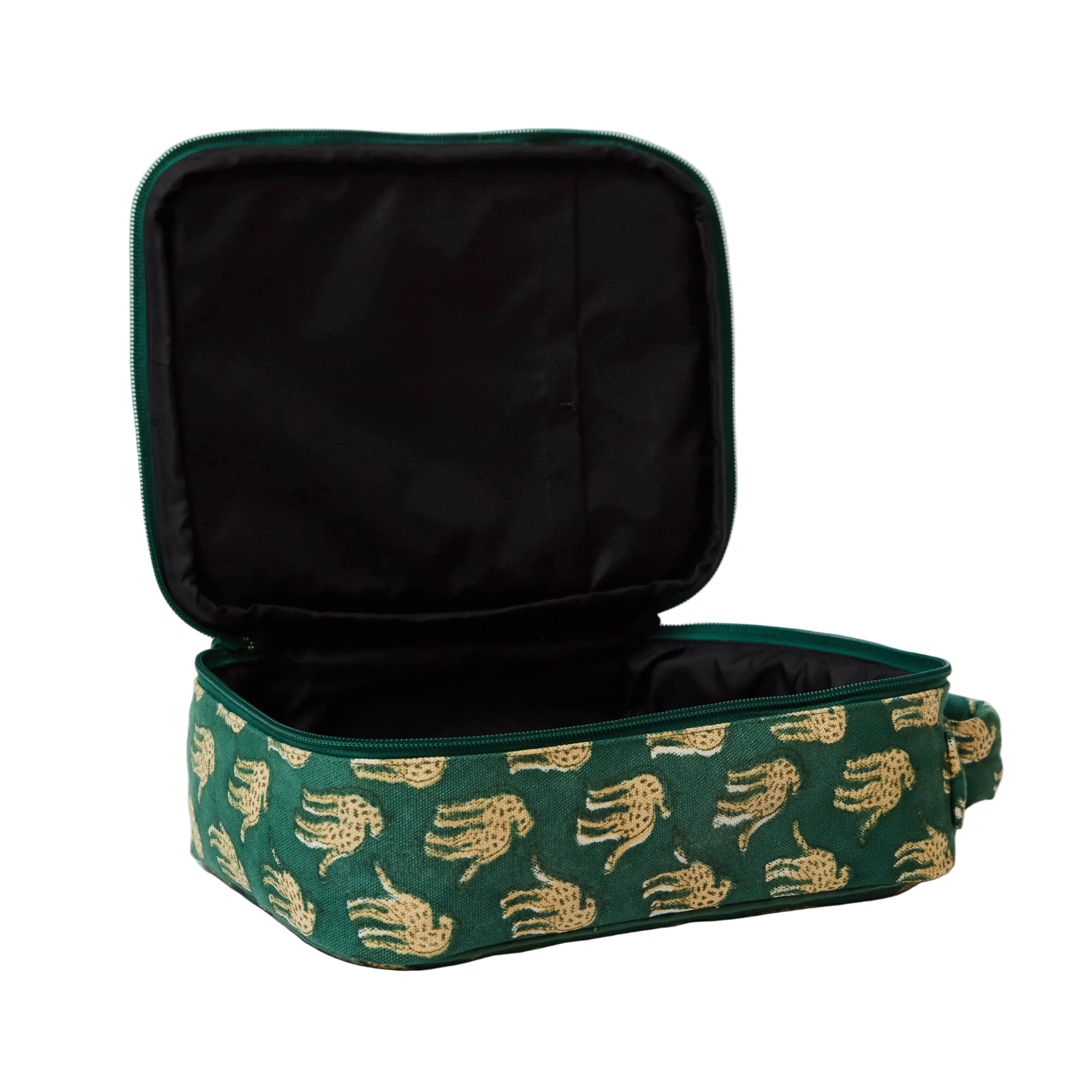 cheetah print lunch bag in green with insulated interior