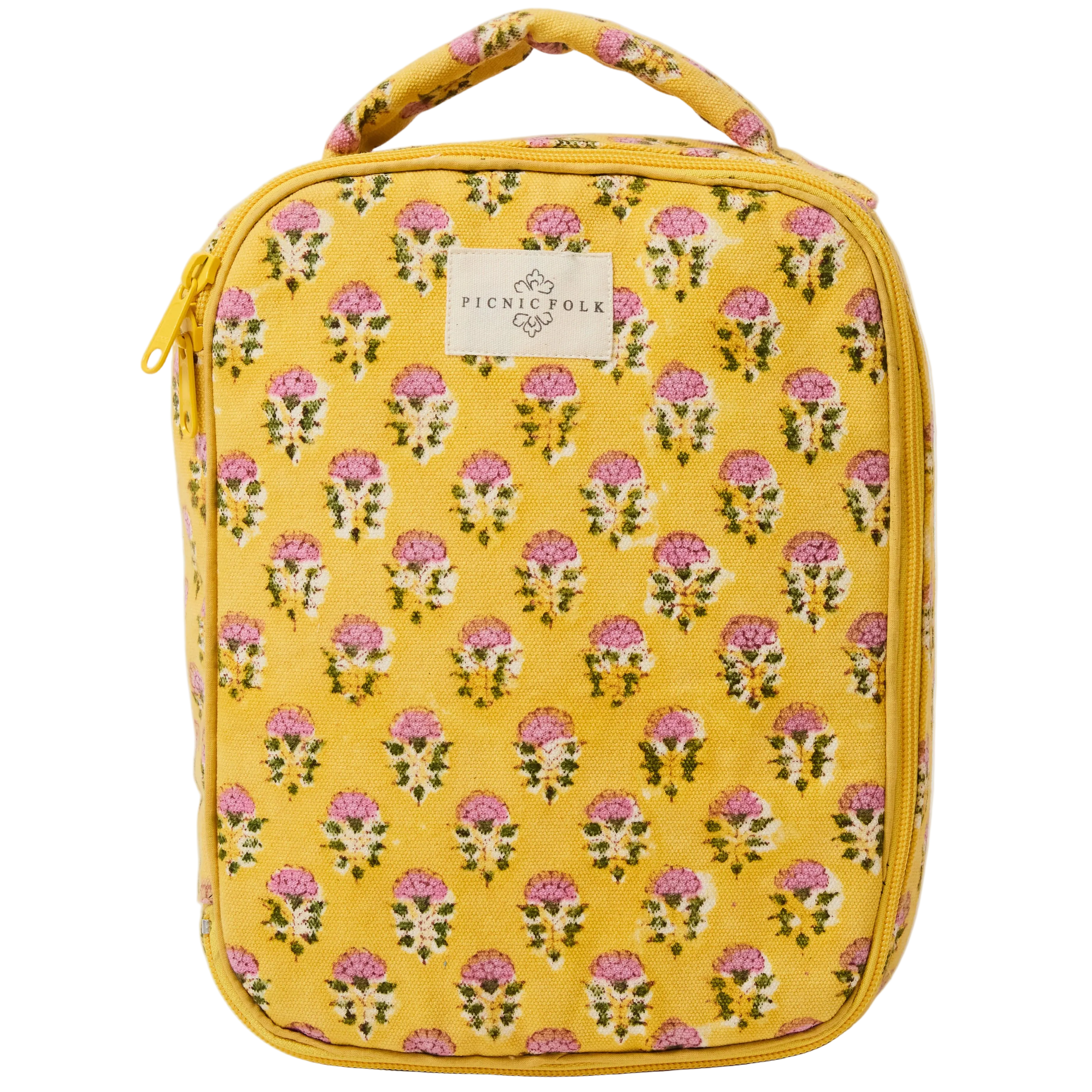 sunshine lunch bag with yellow floral print and top handle