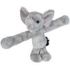 Grey elephant plush toy with wrap around snap band arms