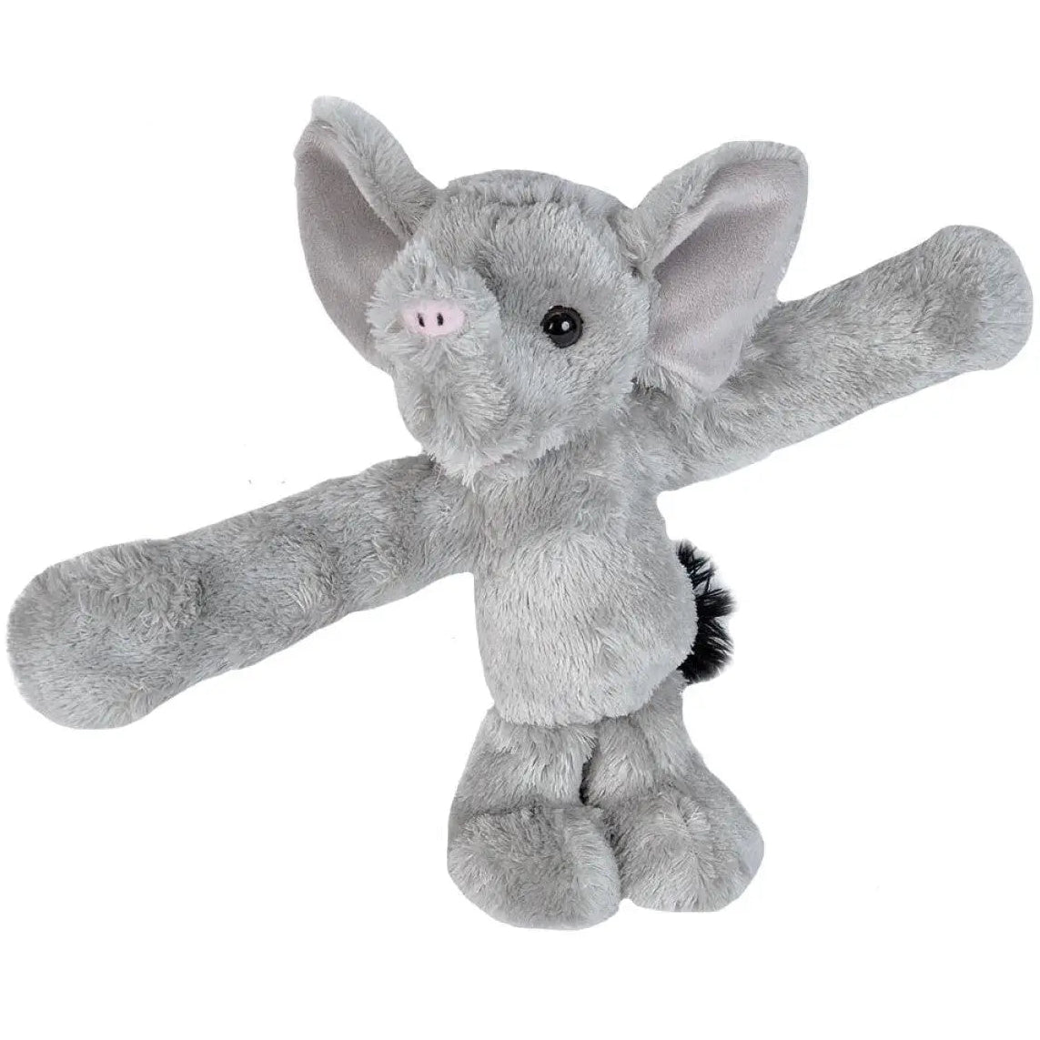 Grey elephant plush toy with wrap around snap band arms