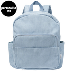 Corduroy kids backpack with front pocket, laptop sleeve, health label, name label, options to personalise a name with embroidery, spacious. perfect for school or travel. this colour is powder blue