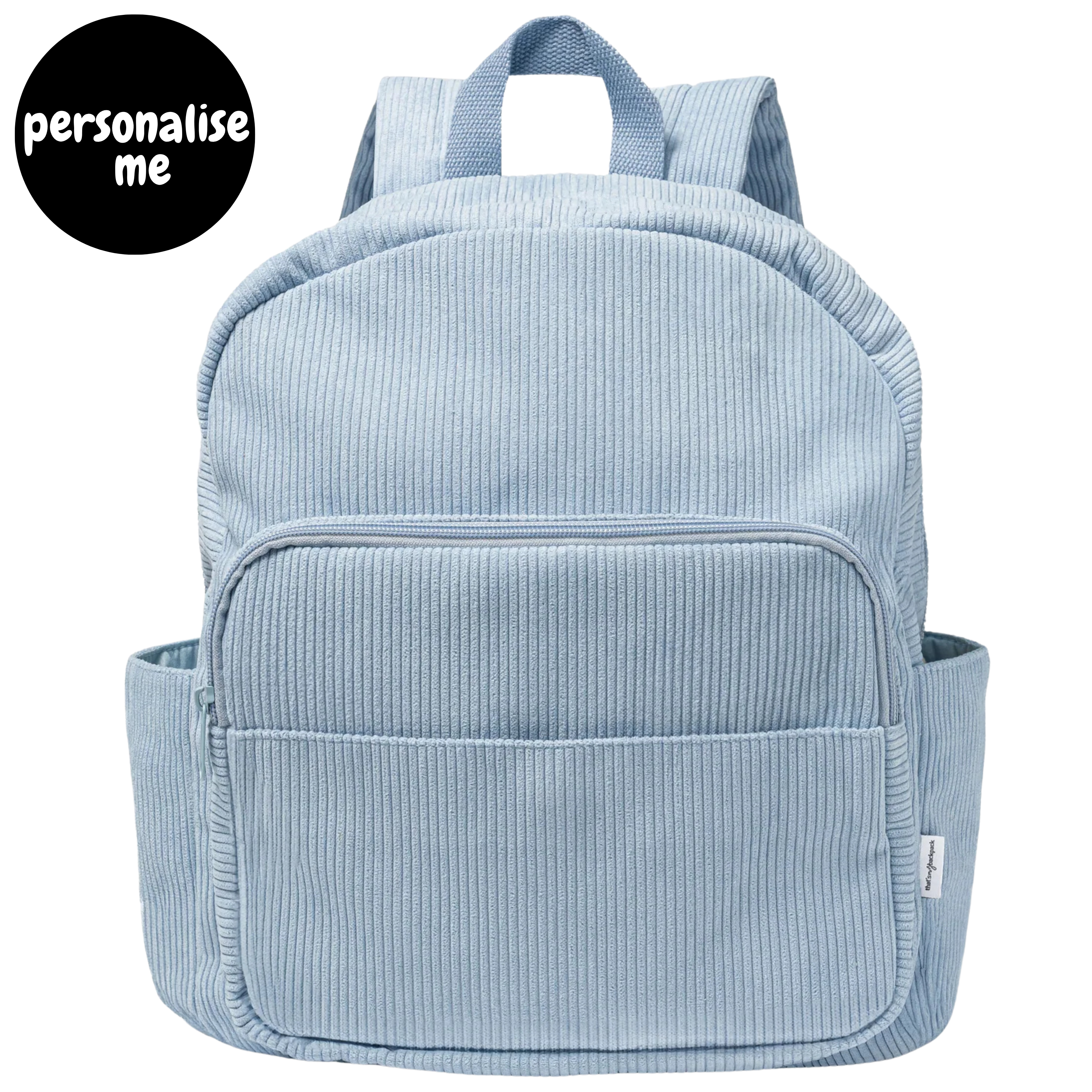 Corduroy kids backpack with front pocket, laptop sleeve, health label, name label, options to personalise a name with embroidery, spacious. perfect for school or travel. this colour is powder blue