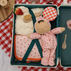 Soft baby doll in pink strawberry pattern Olli Ella Dozy Dinkum
